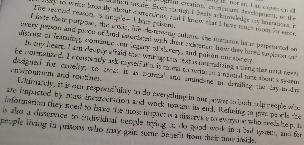 Clip of text from "A Note on Ch 4" (p 49) focused on the importance of not normalizing harmful environments while teaching in prison